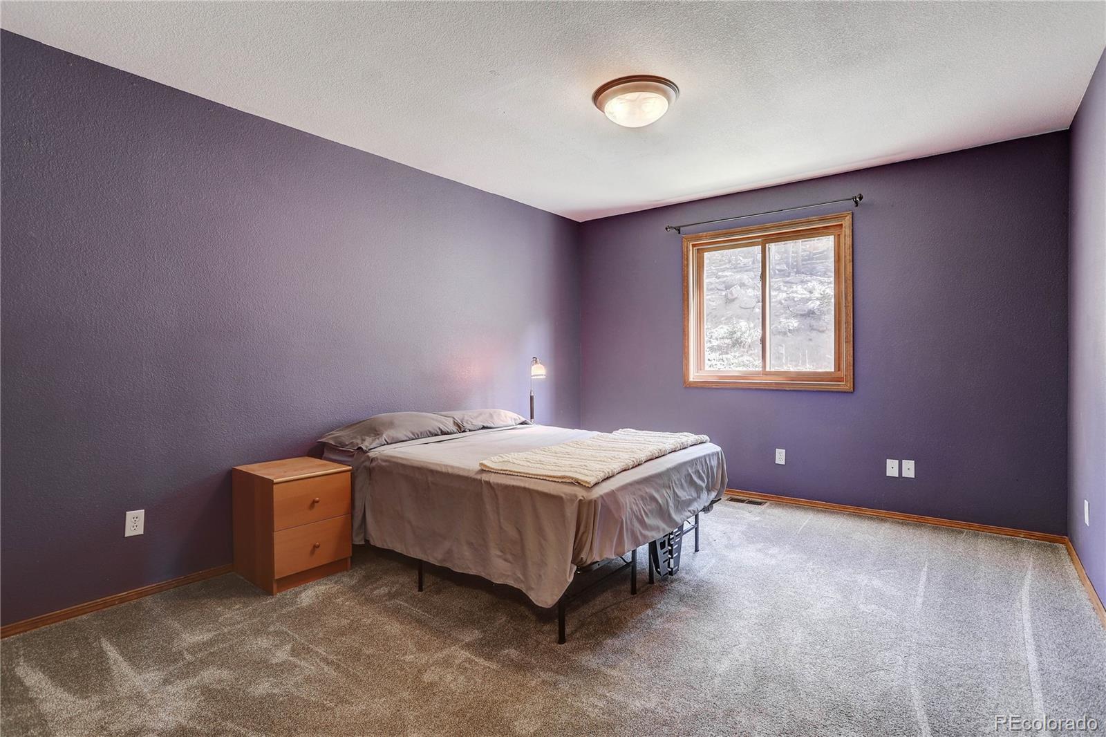 10922 Conifer Mountain Road Conifer, CO 80433 - Photo 19 of 37 a spacious bedroom with a bed and a window