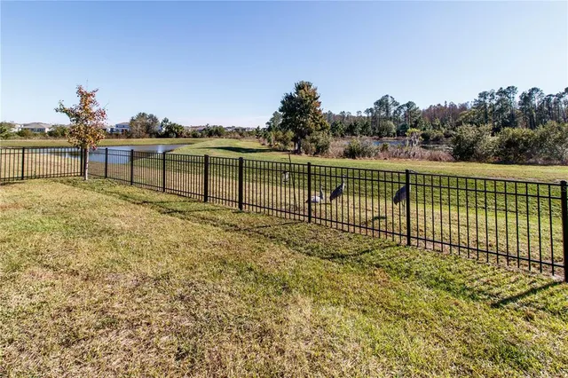 a view of green field with trees in the background