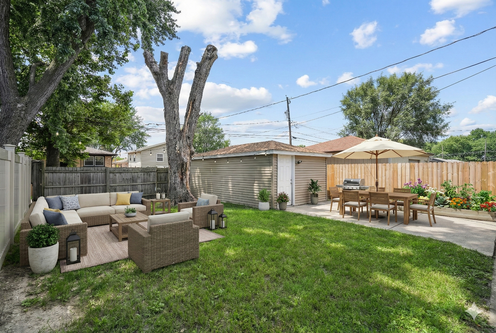 294 Madison Avenue Calumet City, IL 60409 - Photo 6 of 19 a patio with couches table and chairs under an umbrella with a fire pit