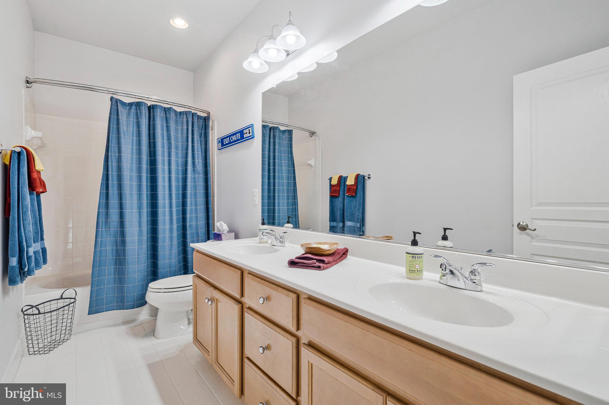 41008 Indigo Place Leesburg, VA 20175 - Photo 31 of 59 a bathroom with a sink a toilet a mirror and shower curtain