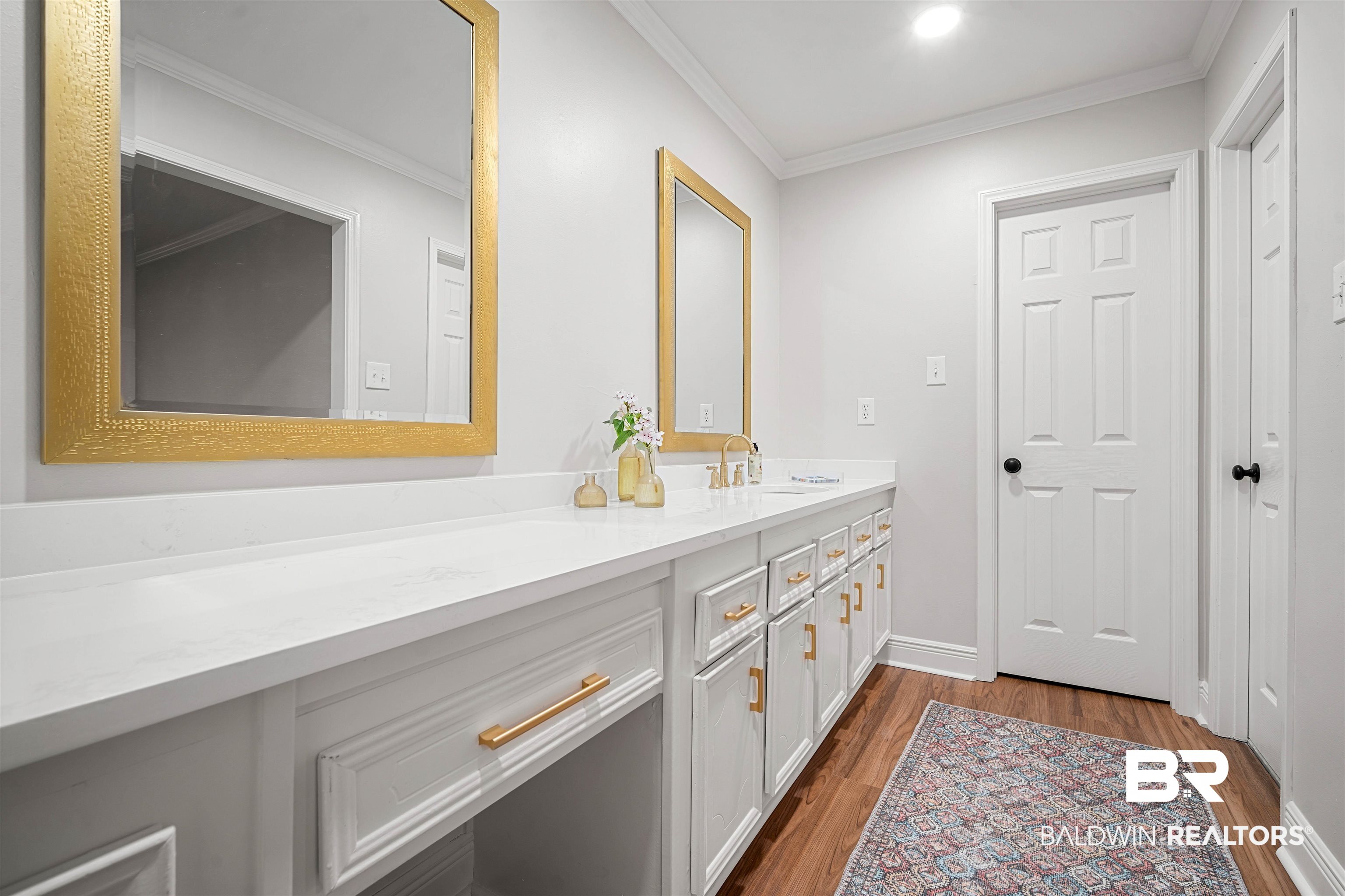 3050 Lacoste Road Mobile, AL 36618 - Photo 16 of 30 Bathroom with dark wood-type flooring, crown molding, and vanity