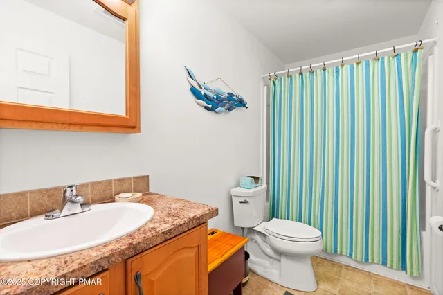 a bathroom with a toilet and a shower curtain