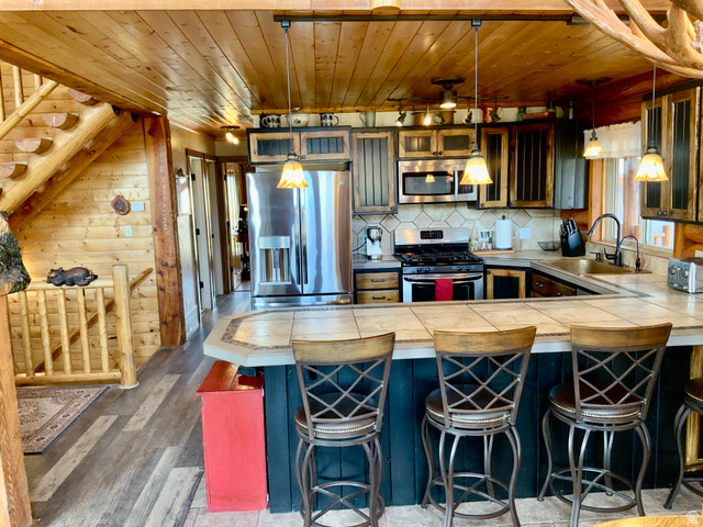 76 Highway 118 Monroe, UT 84754 - Photo 27 of 76 Kitchen with wooden ceiling, a breakfast bar, stainless steel appliances, decorative light fixtures, and dark wood-type flooring