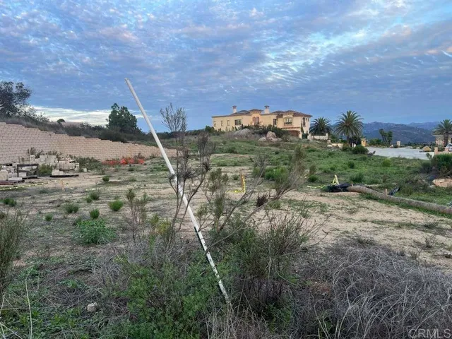 a view of a dry yard with wooden fence