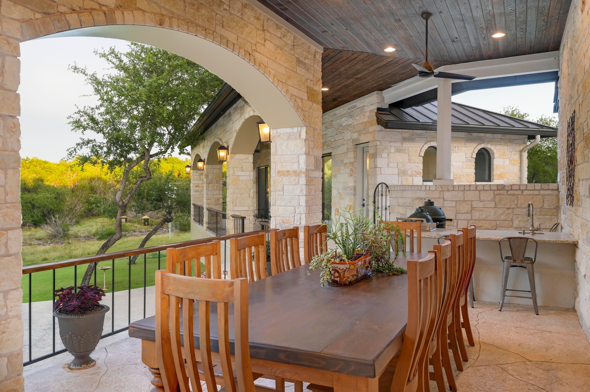 401 Trail Ridge Road Wimberley, TX 78676 - Photo 21 of 34 Dining space with ceiling fan, stone tile flooring, recessed lighting, and wooden ceiling