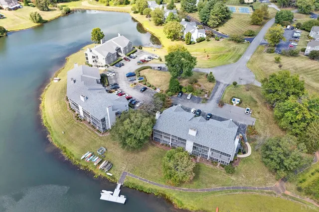 an aerial view of a swimming pool