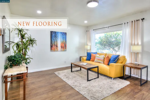 a living room with furniture and a potted plant