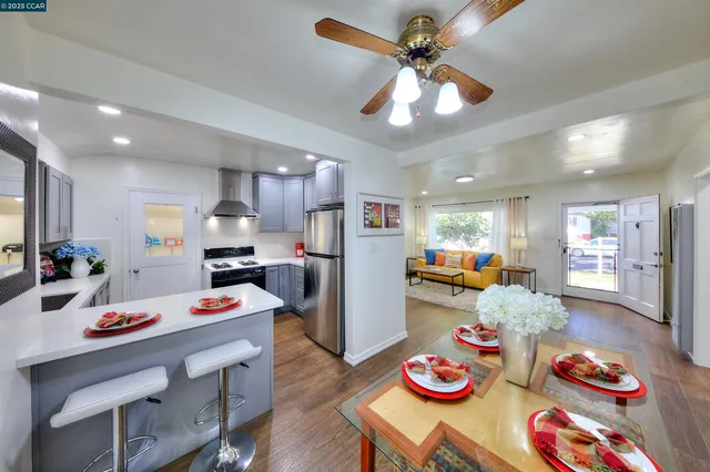 a view of a dining room with furniture