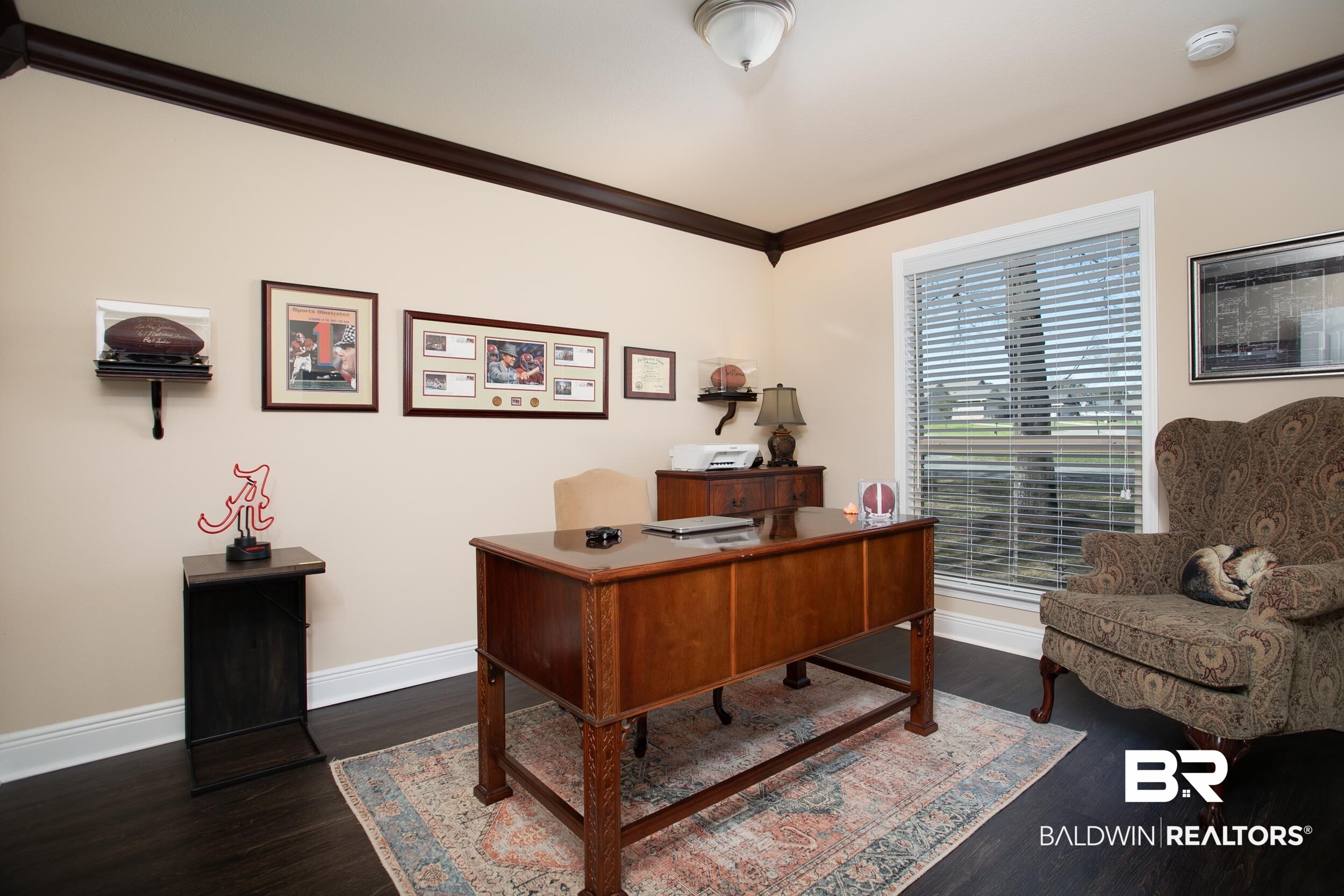 13154 Vincent Court Foley, AL 36535 - Photo 20 of 41 Home office featuring baseboards, crown molding, and dark wood-type flooring