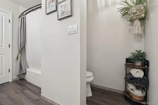 a bathroom with a toilet and a shower curtain