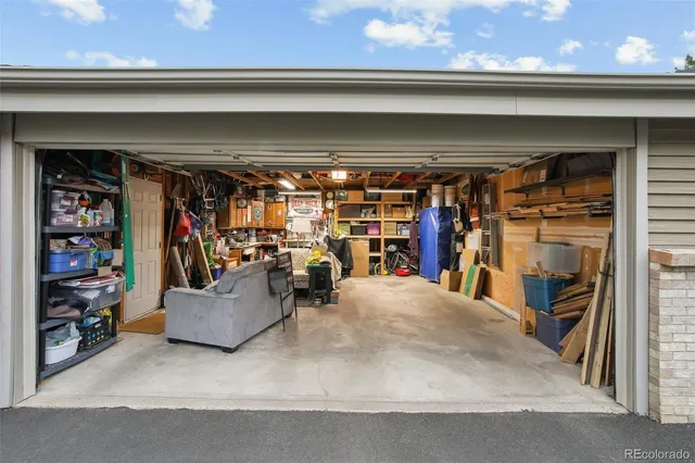 a view of a garage with storage