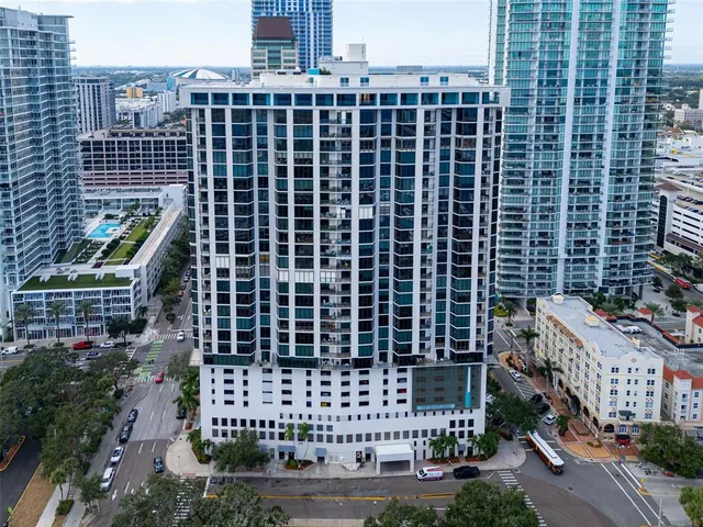 a view of a building with a street