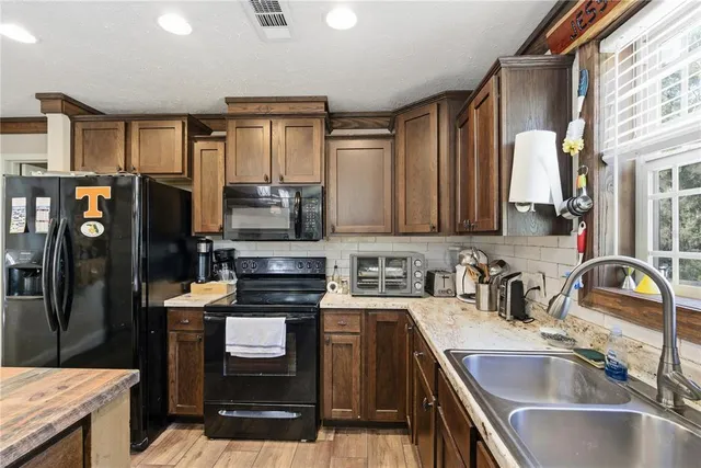 a view of a dining room with furniture