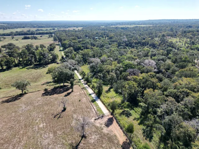 an aerial view of residential houses with outdoor space and trees
