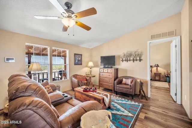 a living room with furniture ceiling fan and a rug