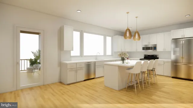 a view of a hallway with wooden shelves