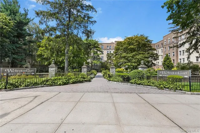 a sidewalk with a trees in the background