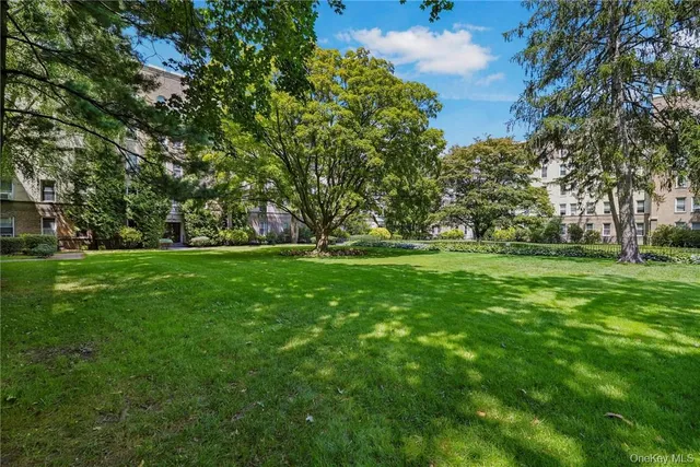a view of grassy field with benches
