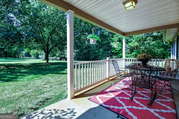 a view of a backyard with potted plants and large tree