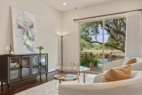 a living room with large window