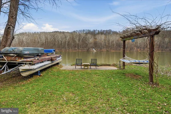 a view of a lake in a backyard