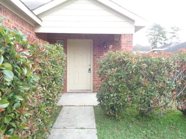 a couple of potted plants in front of door