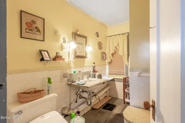 a bathroom with a sink mirror vanity and toilet