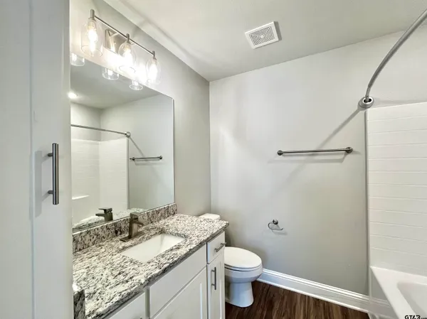 a bathroom with a granite countertop sink toilet and a mirror