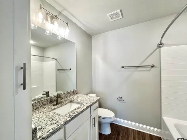 a bathroom with a granite countertop sink toilet and a mirror
