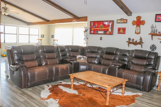 a living room with furniture a rug and a window