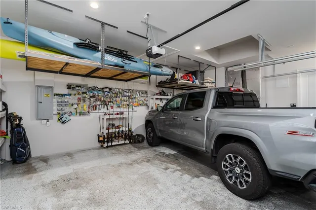 a view of a garage with storage