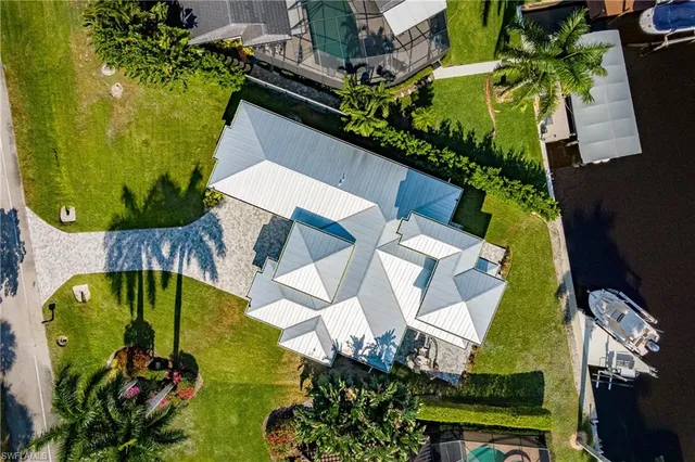 an aerial view of a swimming pool