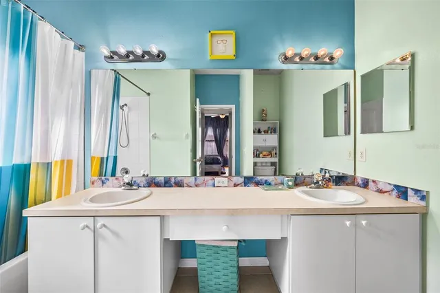 a bathroom with a sink and a mirror