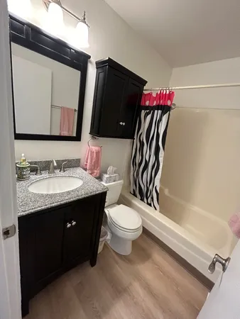 a bathroom with a granite countertop sink toilet and a mirror