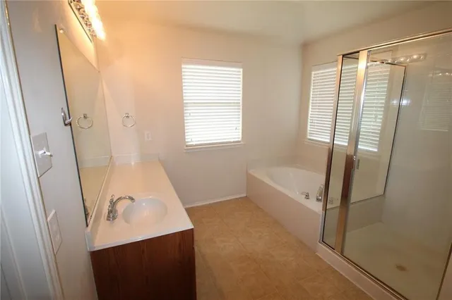 a bathroom with a tub shower and sink