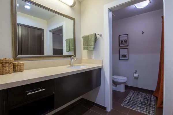 a bathroom with a sink a toilet a mirror and vanity