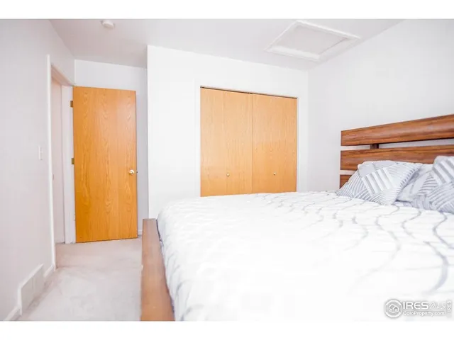 a bedroom with a bed and a closet