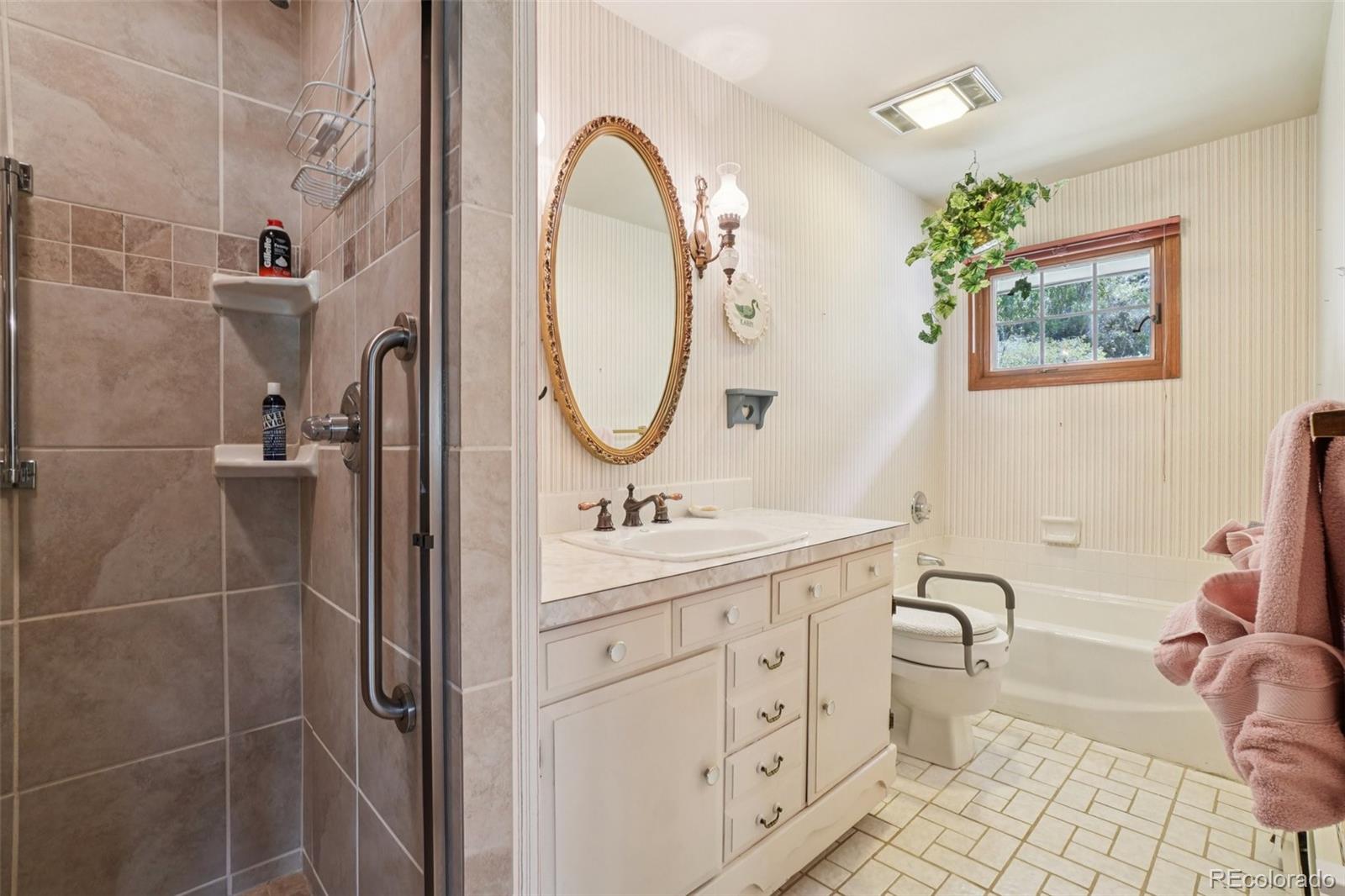 203 Ninth Street Georgetown, CO 80444 - Photo 39 of 44 a bathroom with a granite countertop sink a mirror and a shower