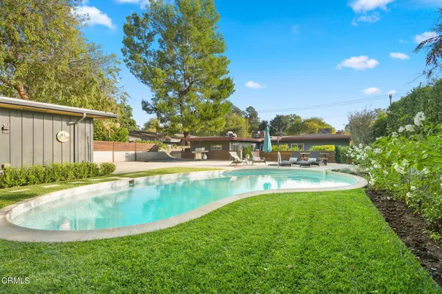 a view of a swimming pool with a garden