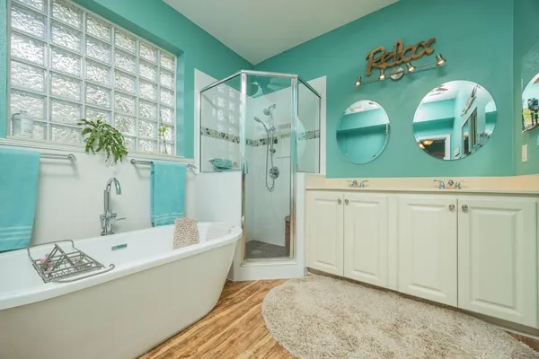 a view of a bathtub in a room
