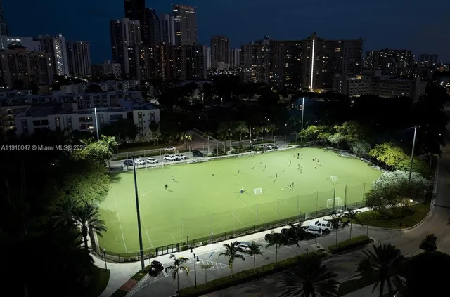 an aerial view of a residential houses with outdoor space and trees