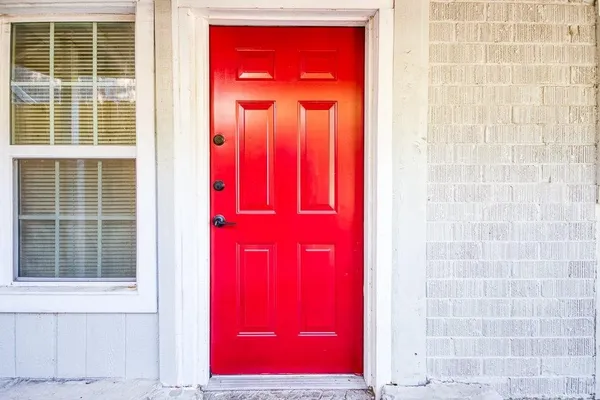 a view of a red door of a house