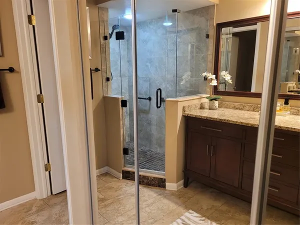a bathroom with a granite countertop sink a mirror and a shower