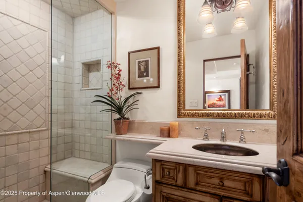 a bathroom with a sink a toilet and shower