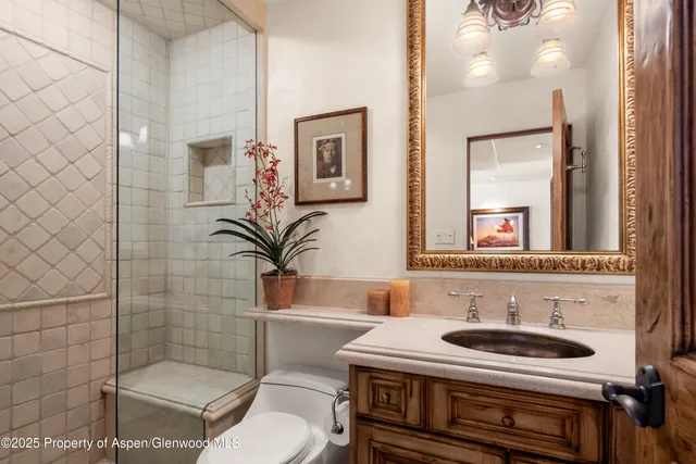 a bathroom with a sink a toilet and shower