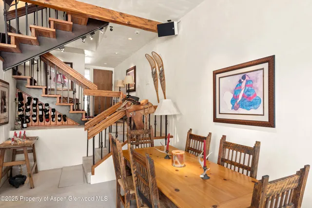 a view of a dining room with furniture