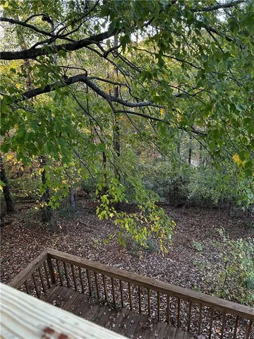 a view of a yard with plants and wooden fence