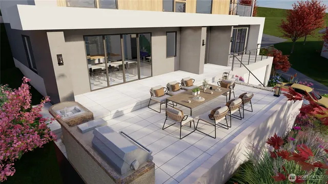 a view of a patio with table and chairs potted plants with wooden floor and fence