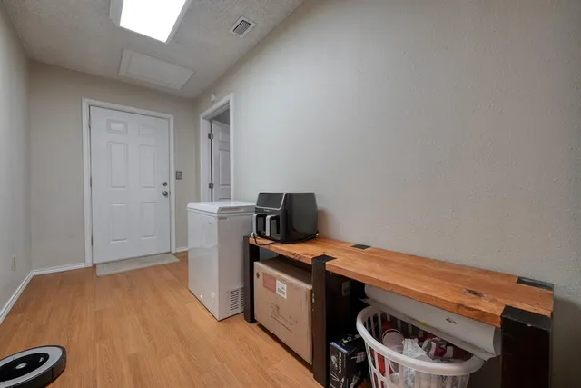 a storage room with a stove