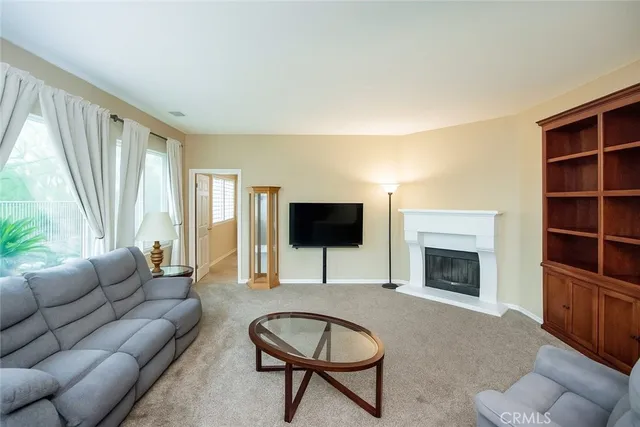 a living room with furniture a rug and a fireplace